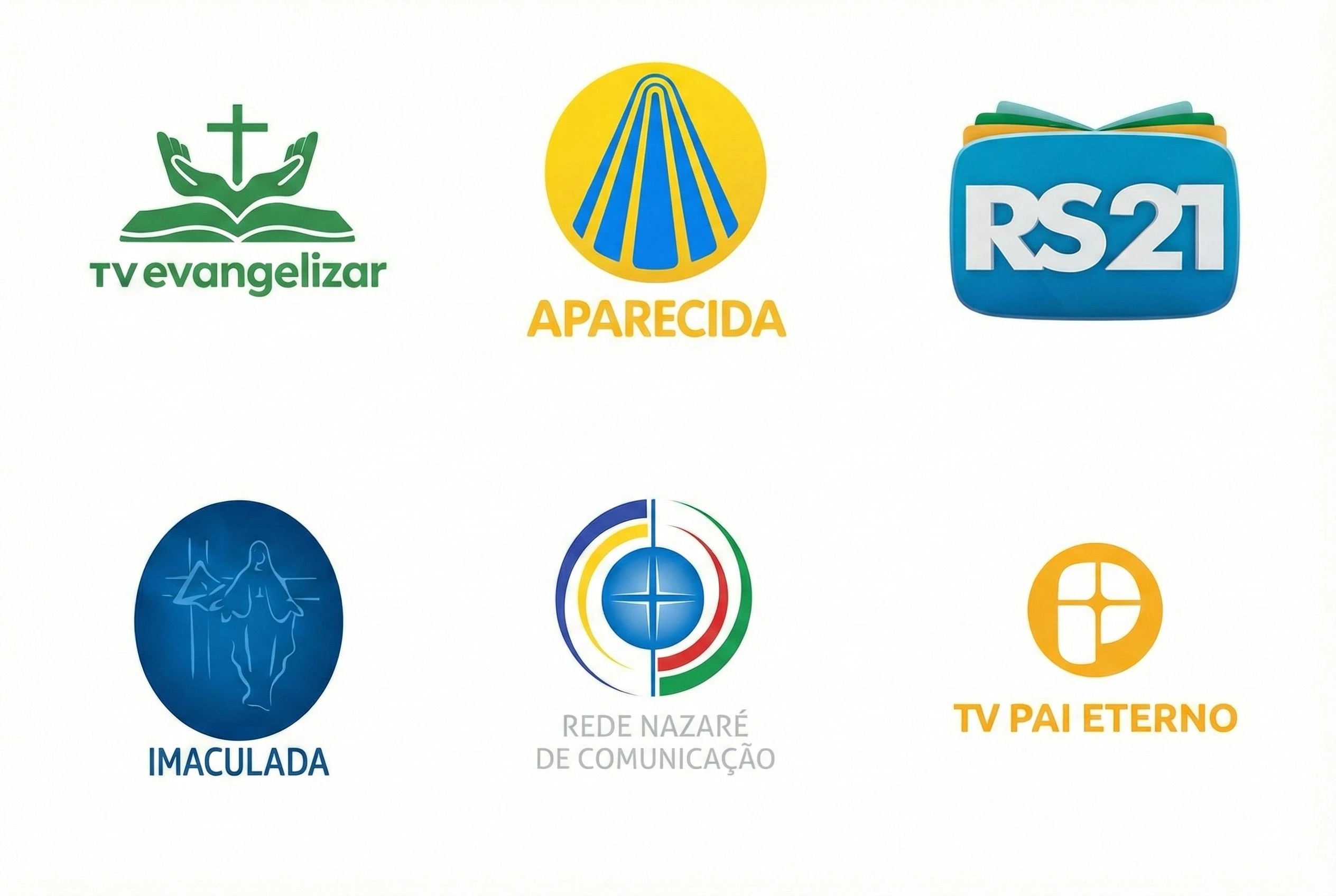 Logos das emissoras parceiras: TV Evangelizar, Aparecida, RS21, Imaculada, Rede Nazaré de Comunicação e TV Pai Eterno