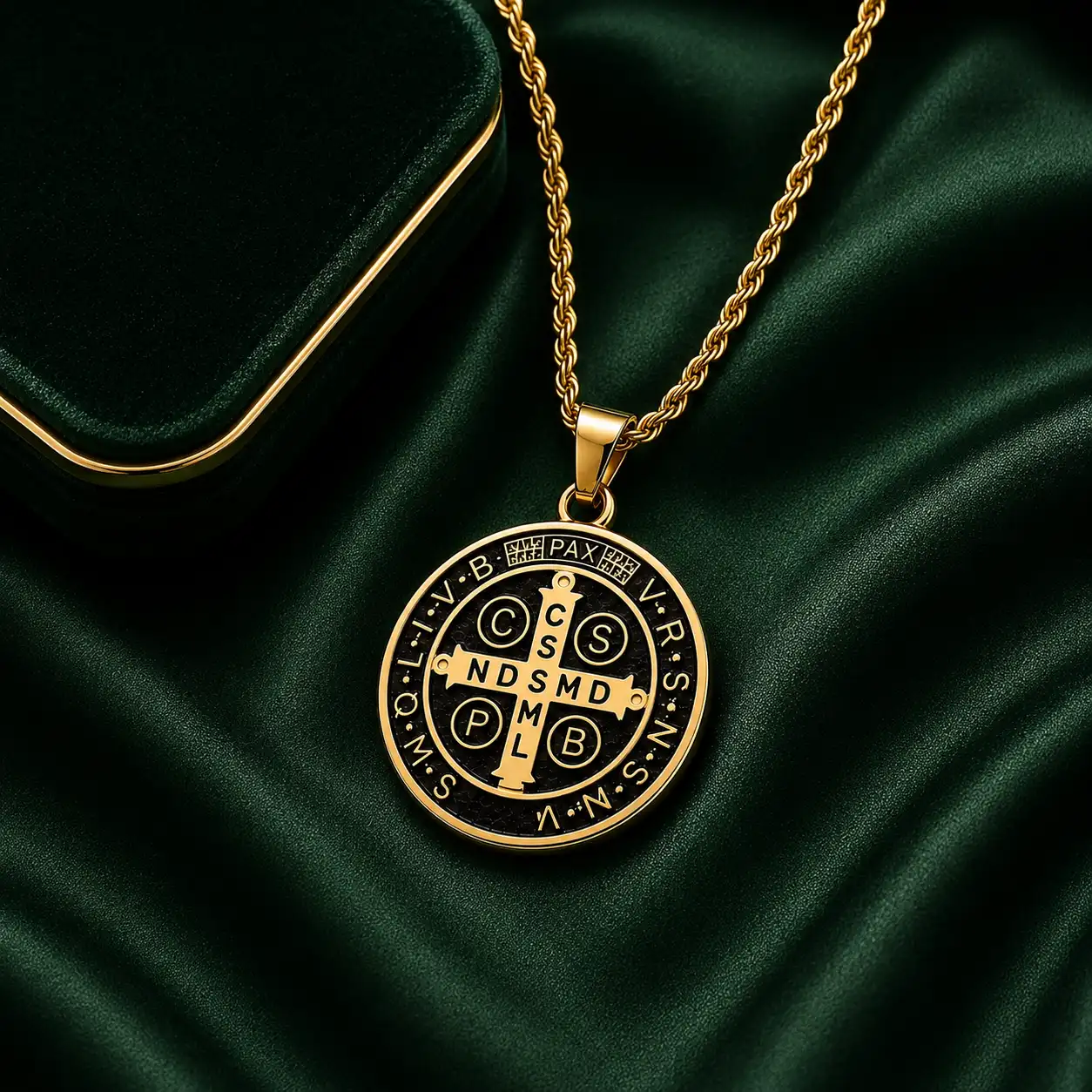 Medalha de São Bento dourada com corrente