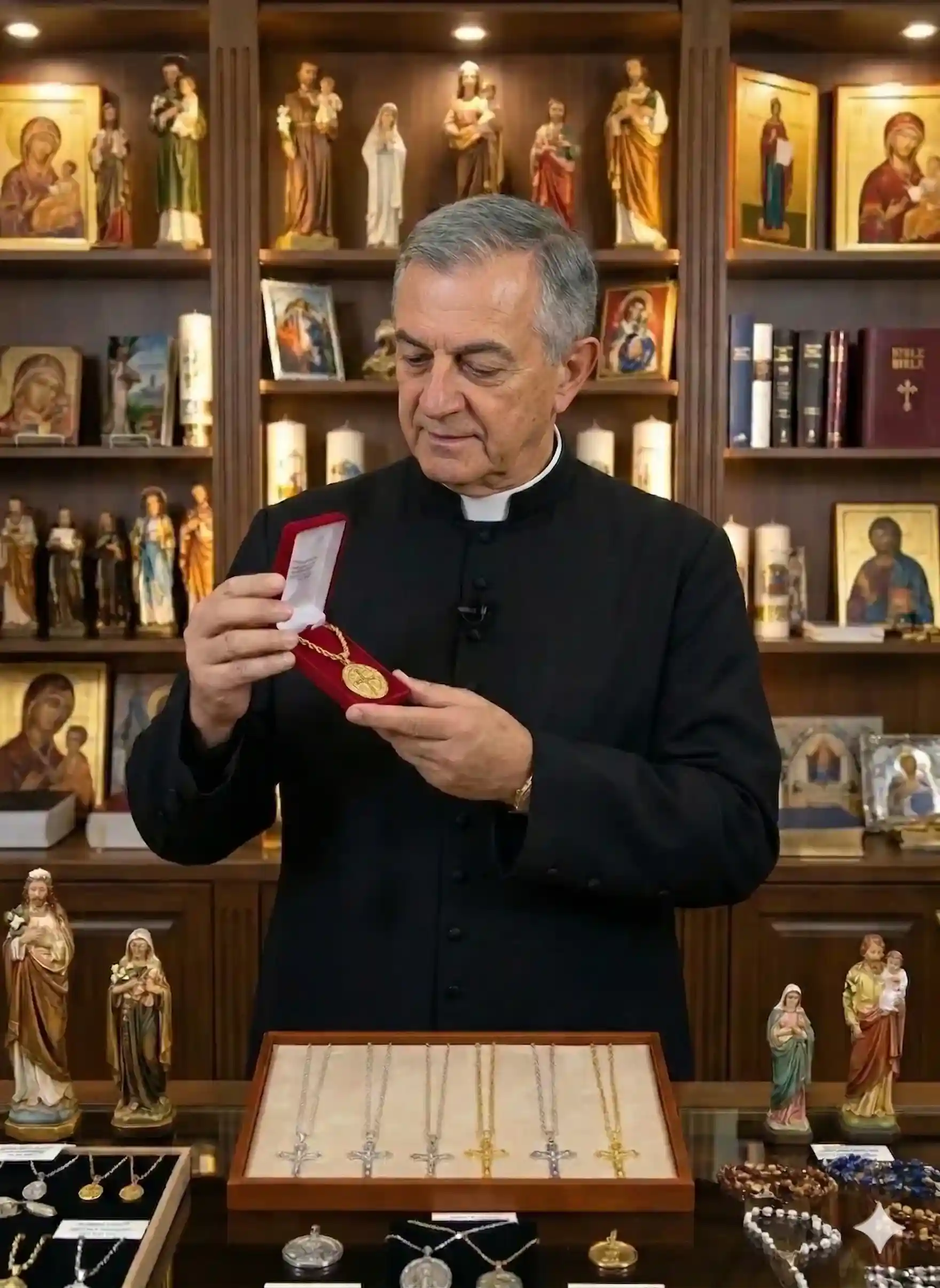 Padre apresentando a medalha de São Bento em estojo, ao lado de outras peças religiosas